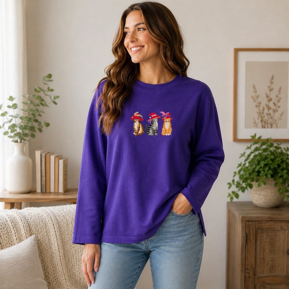 Vintage 90s Embroidered Cat Sweatshirt Purple‎ Cottagecore Kitten Pullover XLP